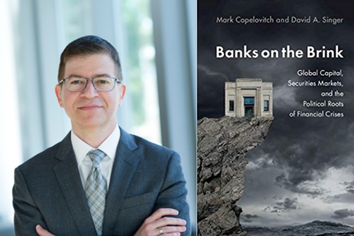 Headshot of Professor David Singer and cover of his book Banks on the Brink