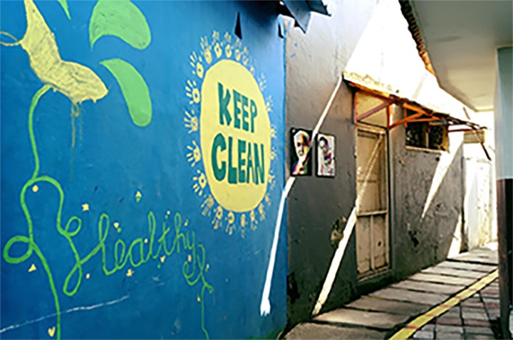 doorway, mural that says keep clean