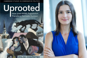 Professor Volha Charnysh with the book cover for Uprooted