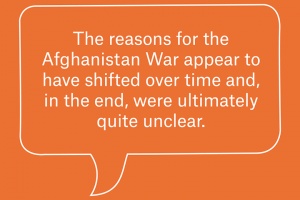Buble quote saying the reasons for the Afganistan War appear to have shifted over time and were unclear