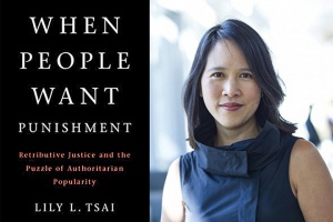 Lily Tsai and her book cover, white text on black