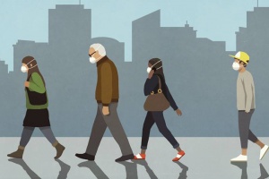 infographic of people walking wearing masks