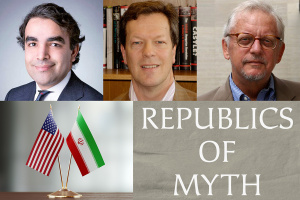 images of Hussein Banai, Malcolm Byrne, and John Tirman, and an Iran and american flag