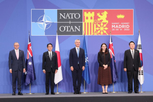 Five diplomats at the NATO June 2022 meeting standing in front of their flags on stage